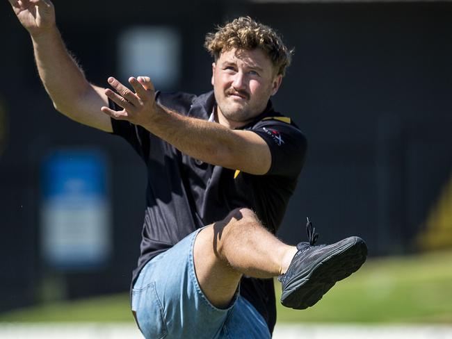 Dual Glenelg SANFL premiership player and former Sydney Swan Will Gould kicking a  football at Glenelg oval.Tuesday,October,30,2024.Picture Mark Brake