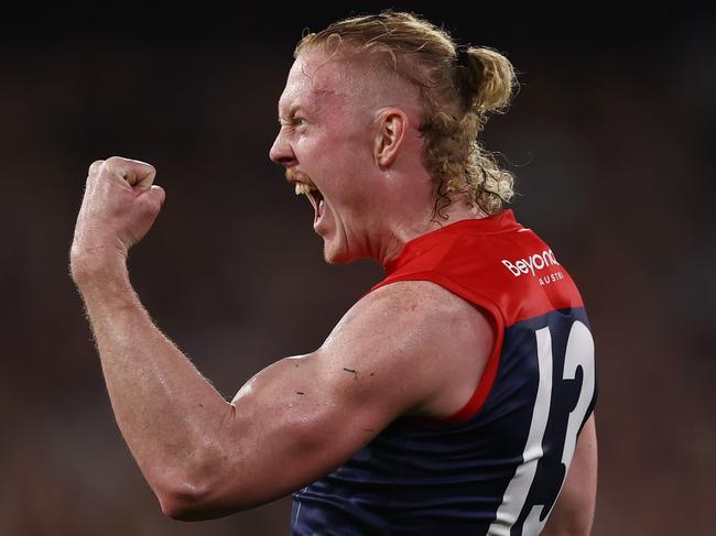 MELBOURNE. 24/04/2023. AFL. Round 6. Melbourne vs Richmond at the MCG. Clayton Oliver of the Demons celebrates a goal after the 3\\4 time siren . Pic: Michael Klein