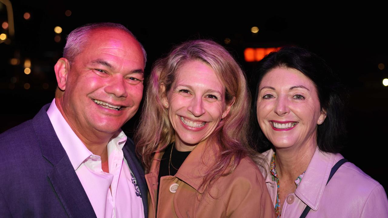 Tom Tate, Danielle McFall Weiss and Ruth Tate at the Pacific Airshow Gold Coast welcome party 2024 at HOTA for Gold Coast at Large. Picture, Portia Large.