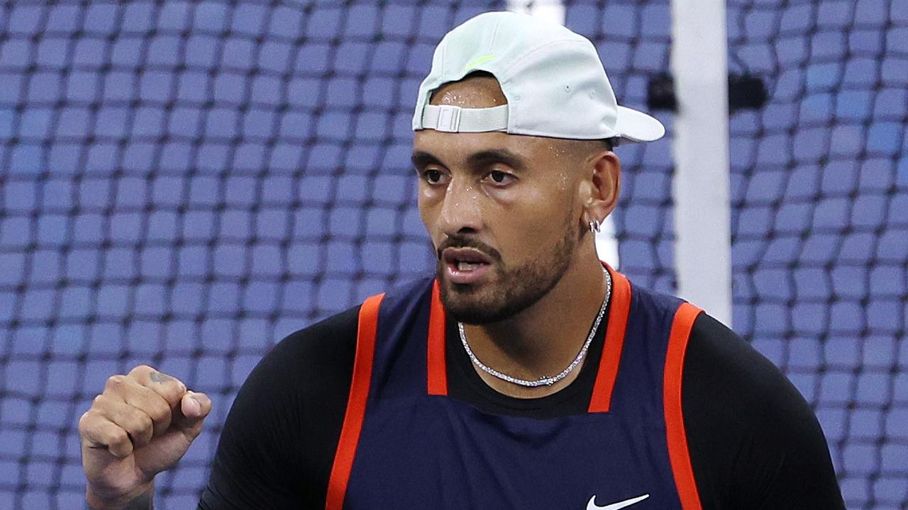 NEW YORK, NEW YORK - SEPTEMBER 02: Nick Kyrgios of Australia celebrates after defeating J.J. Wolf of the United States during their Men's Singles Third Round match on Day Five of the 2022 US Open at USTA Billie Jean King National Tennis Center on September 02, 2022 in the Flushing neighborhood of the Queens borough of New York City. Jamie Squire/Getty Images/AFP == FOR NEWSPAPERS, INTERNET, TELCOS &amp; TELEVISION USE ONLY ==