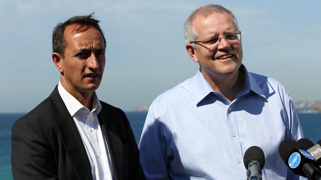 Liberal candidate for Wentworth, Dave Sharma and Prime Minister Scott Morrison speaking at a press conference at North Bondi Surf Club. Picture: Jane Dempster