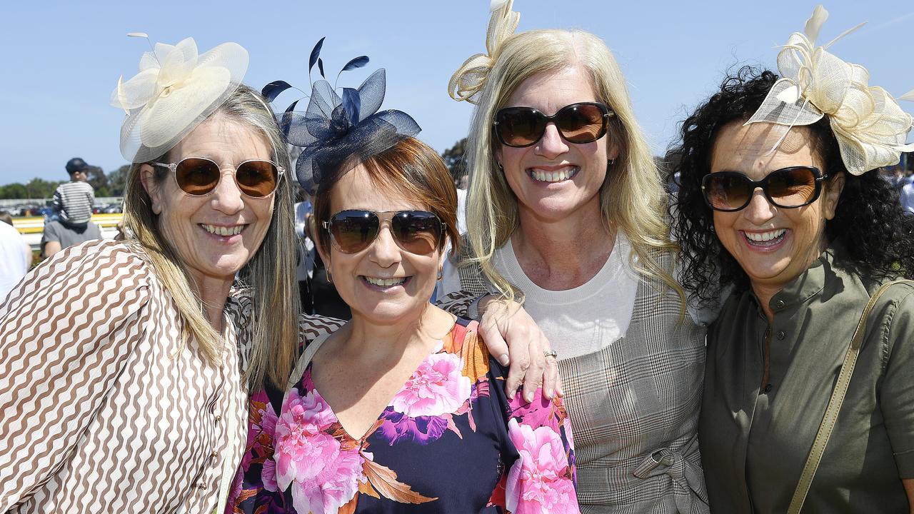 Caulfield Guineas horse race meeting, Caulfield, Victoria, Saturday 12th October 2024. Faces in the crowd. Pictured enjoying the race meeting are Tracey, Anna, Jen and Frann. Picture: Andrew Batsch