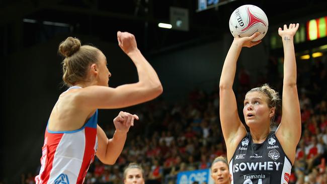 Cody Lange of the Magpies shoots for goal during the round six Super Netball match between the Swifts and the Magpies at Sydney Olympic Park Sports Centre. Picture: Getty