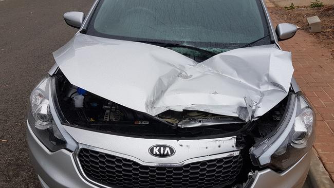 Heidi Wilkin was behind the wheel of this car when a large piece of concrete was thrown onto it from an overpass on the Southern Expressway. Picture: Heidi Wilkin