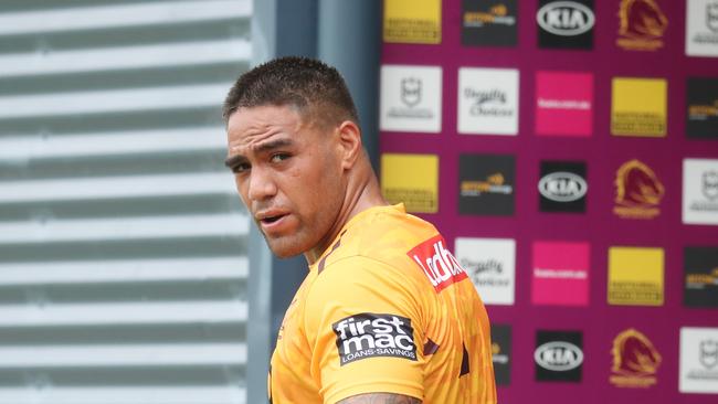 Joe Ofahengaue at Broncos training on the bottom field. Pic Annette Dew