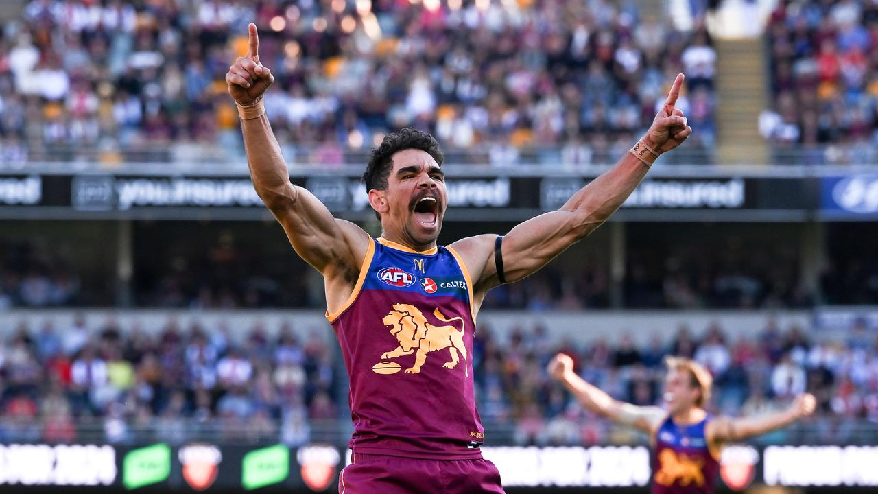 Charlie Cameron of the Lions celebrates kicking a goal during the round 19 AFL match between Brisbane Lions and Sydney Swans at The Gabba. Picture: Getty