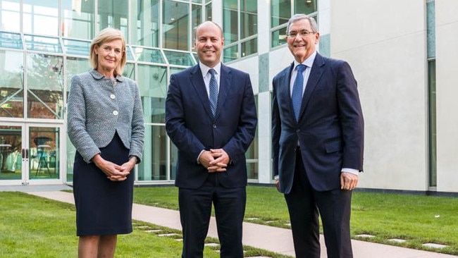 Treasurer Josh Frydenberg with ASIC chairman Joe Longo and deputy Sarah Court.