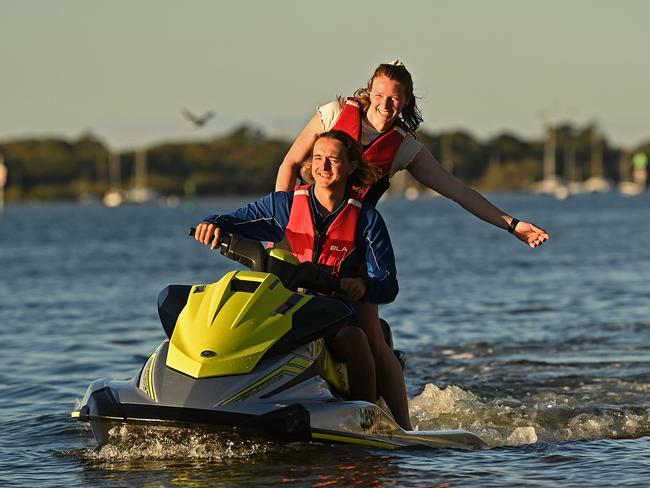 17/06/2021 : Hudson Mills jetski instructor from Noosa Jetski Hire , with honeymooner Charlotte Barry from Newcastle, NSW, on the Noosa river at Noosaville, on the Sunshine Coast.  Pic Lyndon Mechielsen/The Australian