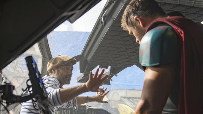 Director Taika Waititi and Chris Hemsworth (Thor) on the set of Thor: Ragnarok. Picture: Jasin Boland @Marvel Studios