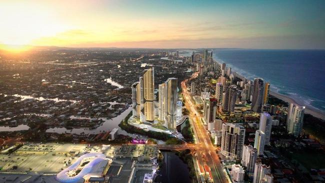 The Star Gold Coast Masterplan Development (viewed from the South) at its island site at Broadbeach.