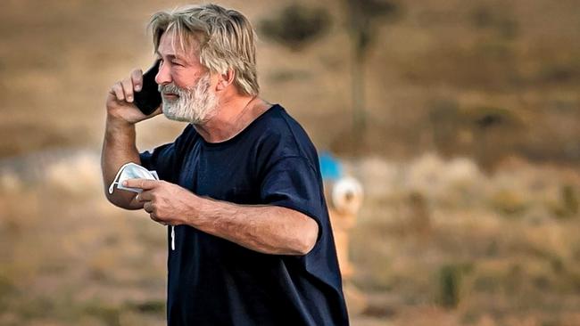 Baldwin seen weeping into the phone after the tragic accident. Picture: Jim Weber/Santa Fe New Mexican