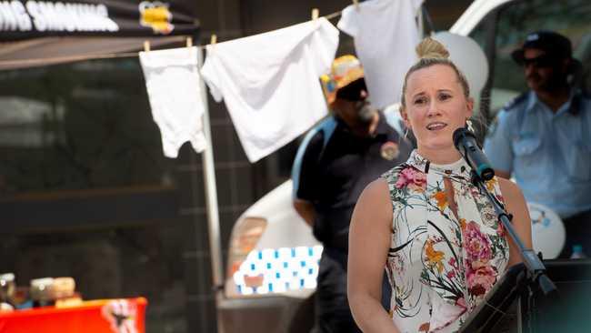 Dr Angela Jay speaks at the Dirty Laundry rally in Coffs Harbour's City Square. Picture: Trevor Veale