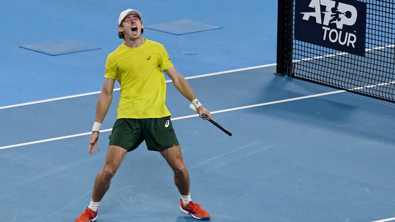 Alex De Minaur celebrates victory in the semi-final match. (Photo by Brett Hemmings/Getty Images)