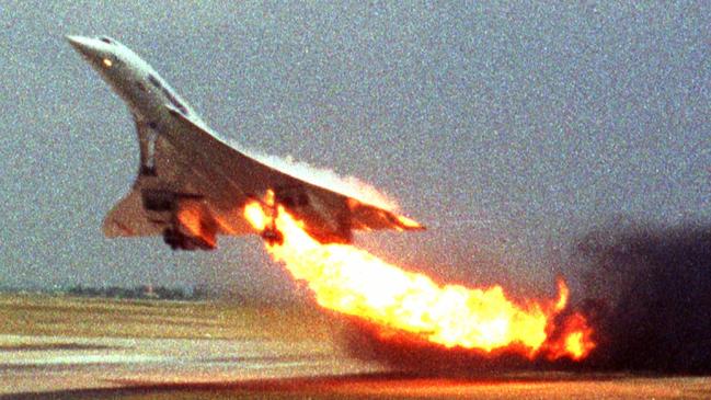 Air France Concorde flight 4590 takes off with fire trailing from its engine; and, inset right, rescue workers inspect debris from crash. Picture: AP