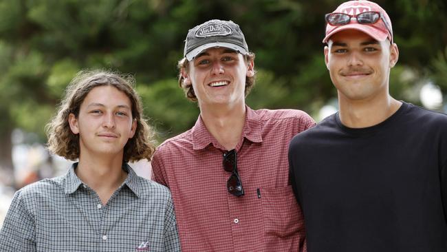 Apprentices Beau Sillato, Eli Denoon and Solomon Ryan Carpenter say wages must be lifted to entice more Australians to follow their same career path. Picture: Damian Shaw