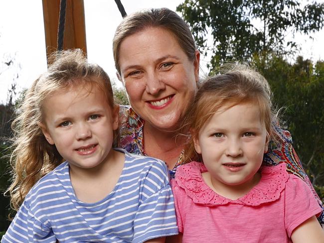 WEEKEND TELEGRAPH 10TH MARCH 2023Pictured in Barden Ridge in south west Sydney is Melanie Gibbons and her daughters Audrey (6) and Elizabeth (5).Melanie has been asked by the Perrottet government to run for the seat of Kiama in the upcoming state elections.Picture: Richard Dobson