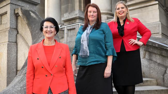 Attorney-General Vickie Chapman with Greens MP Tammy Franks and Labor's Katrine Hildyard at Parliament House.