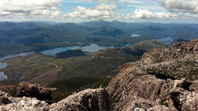 View from Mt Owen, West Coast of Tasmania, near Queenstown, looking down at Lake Burbury in distance. MUST CREDIT: LEA WALPOLE