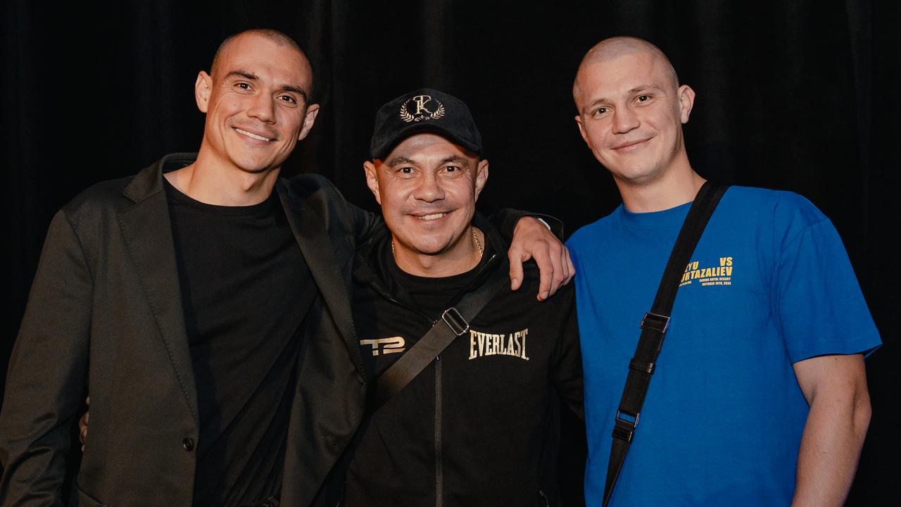 Tim, Kostya and Nikita Tszyu reunited in the United States. Picture: Johnny Garcia