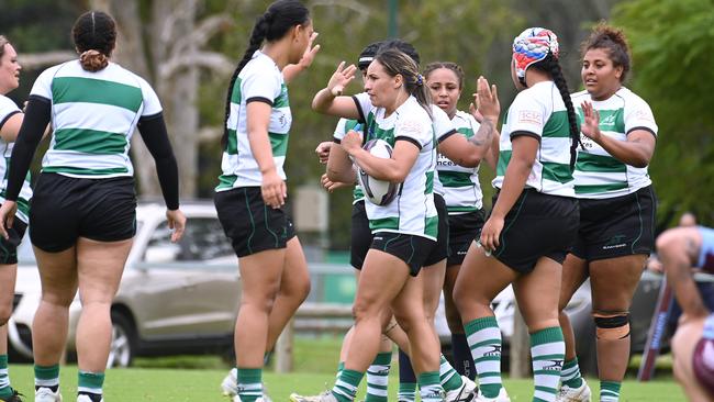 Sunnybank players celebrate a try Norths v Sunnybank women Saturday April 20, 2024. Picture, John Gass