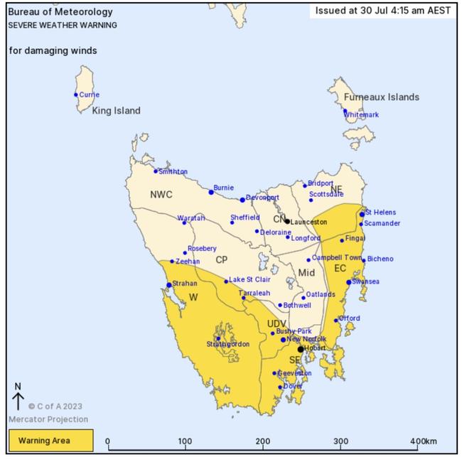 Severe weather warnings have been issued for Tasmania as wild winds lash the state. July 30, 2023