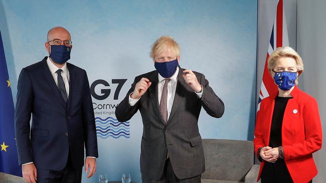 Britain's Prime Minister Boris Johnson meets with European Commission President Ursula von der Leyen and European Council President Charles Michel during the G7 summit in Carbis Bay, during the G7 summit. Picture: Getty