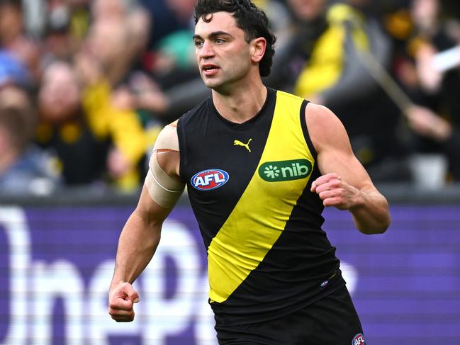 MELBOURNE, AUSTRALIA - MAY 06: Tim Taranto of the Tigers celebrates kicking a goal during the round eight AFL match between Richmond Tigers and West Coast Eagles at Melbourne Cricket Ground, on May 06, 2023, in Melbourne, Australia. (Photo by Quinn Rooney/Getty Images)