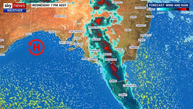 On Wednesday the rain is due to settle in over Melbourne. . Picture: Sky News Weather.