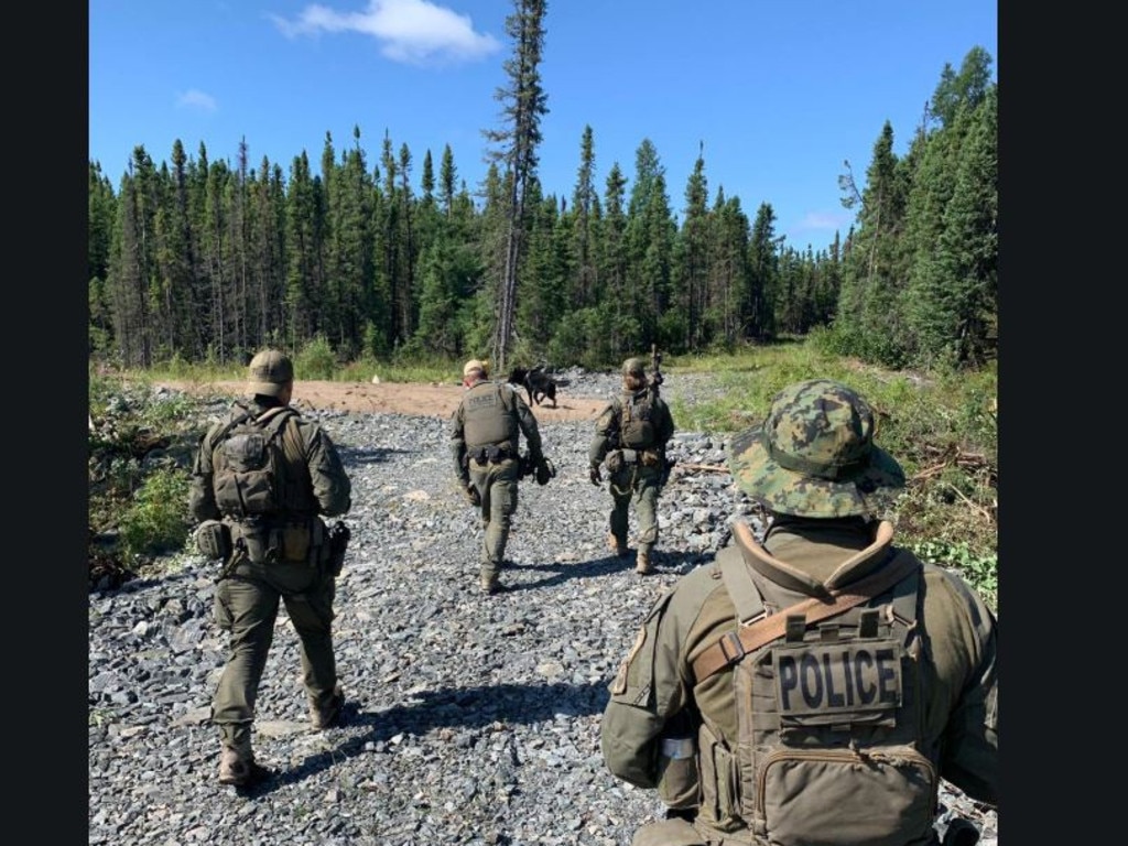 Officers search the dense bush around Gillam. Picture: RCMP