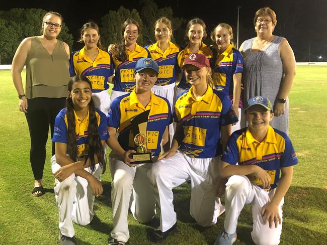 Laura Jonassen (back left) and Jayne Jonassen (back right) presented the Jonassen Family Trophy to the victorious Capricorn Coast Parkana Sharks (back row, from left) Chelsea Williams, Lara Swaffer-Selff, Gabby Macrae, Heidi Swaffer-Selff, Lila Atkinson and (front row) Tasmin Gandhi, Abbey Harvey, Abby Miller and Meg Lanson.