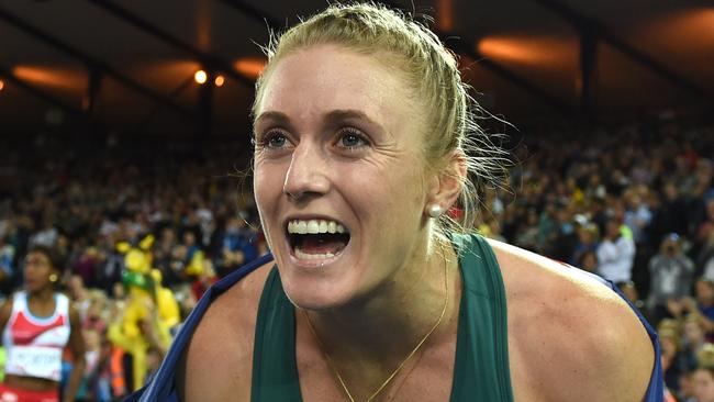 ***FILE*** Australia's greatest modern-day track and field athlete Sally Pearson has announced her retirement due to a devastating run of injuries.**   Australia's Sally Pearson Celebrates winning the gold medal in the women's 100m Hurdles at Hampden Park during the XX Commonwealth Games, Glasgow, Scotland, Friday, Aug. 1, 2014. (AAP Image/Dan Himbrechts) NO ARCHIVING, EDITORIAL USE ONLY