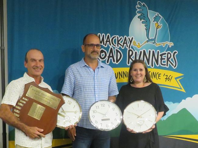 2021 Handicap Points Champion, Joe Grech (left) with Michael Scholer (2nd) and Carmel Mahon (3rd) at the Mackay Road Runners awards ceremony. Picture: Contributed