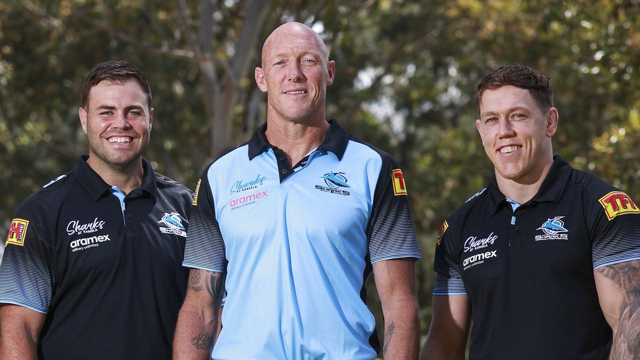 Cam McInnes (right) has settled in well at the Sharks alongside Wade Graham and new coach Craig Fitzgibbon. Picture: Justin Lloyd/NCA