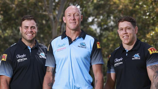 Cam McInnes (right) has settled in well at the Sharks alongside Wade Graham and new coach Craig Fitzgibbon. Picture: Justin Lloyd/NCA