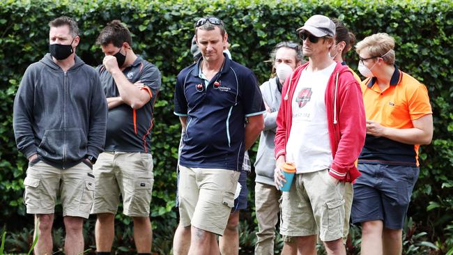 Concerned tradies and business owners gathered on Wednesday at the Queensland and NSW border to discuss the current closures. Picture: NIGEL HALLETT