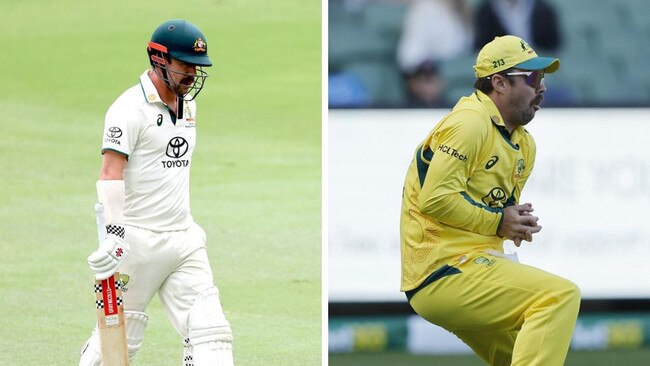 Travis Head being dismissed for a duck in the second Test against the West Indies and dropping a catch in the opening ODI on Friday. Photos: AFP and Getty Images