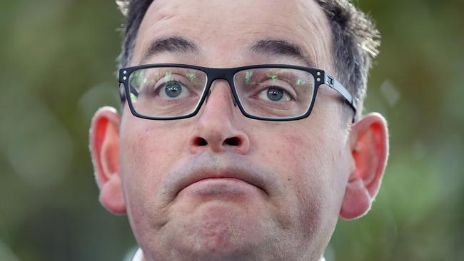 Victorian Premier Daniel Andrews faces the media in reaction to Labor Rorts Report. Special Minister of State Gavin Jennings and Attorney-General Martin Pakula by his side. Picture: Alex Coppel.