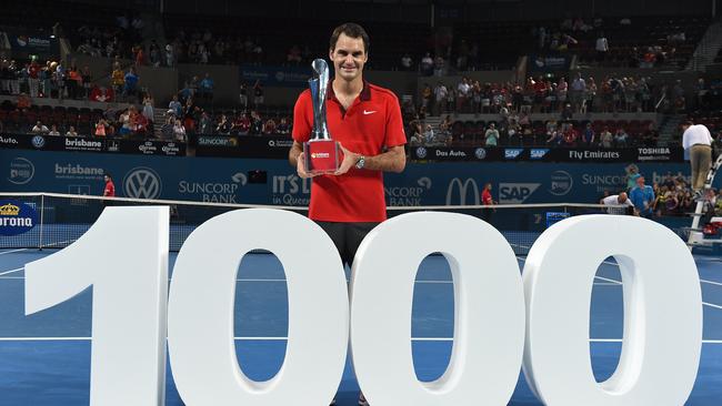 Roger Federer celebrates winning the Brisbane International in 2015. Picture: AAP Image/Dave Hunt