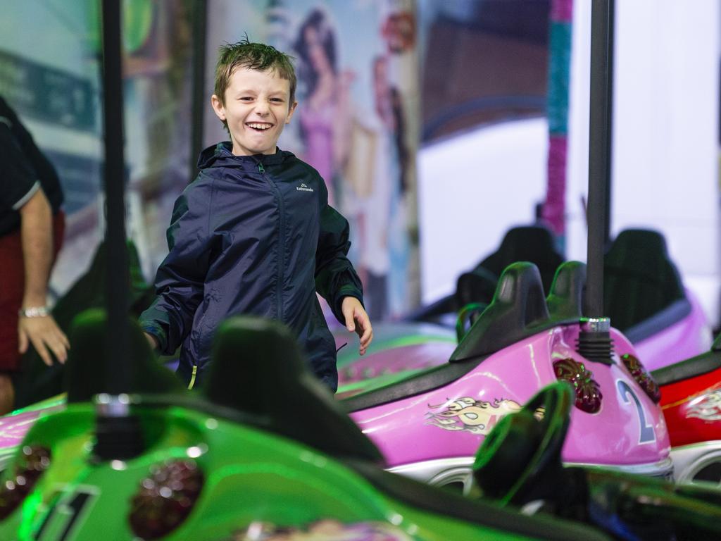 Archie Wells reacts after riding the dodgem cars at the 2022 Toowoomba Royal Show, Saturday, March 26, 2022. Picture: Kevin Farmer