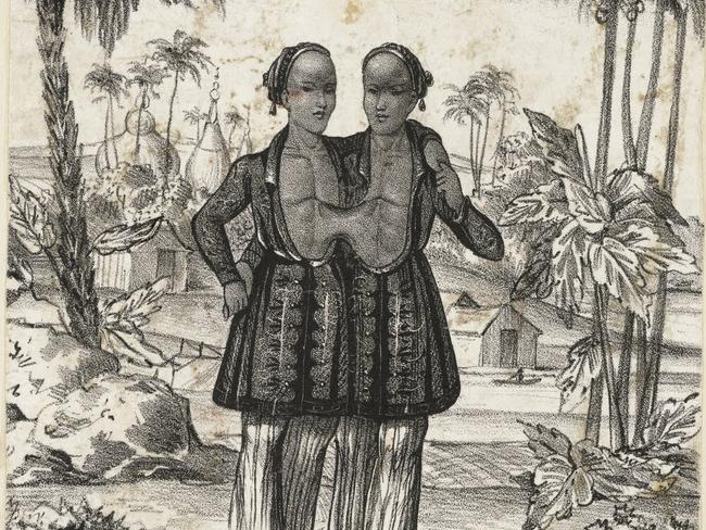 An engraving by an unknown artist showing Chang and Eng 'The Siamese Twins' aged 18.