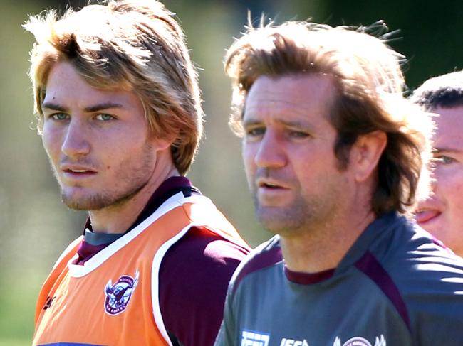 Kieran Foran (L) and coach Des Hasler during a Manly Sea Eagles NRL team training session at Narrabeen Sports Academy in Narrabeen, Northern Beaches of Sydney.