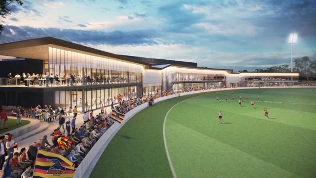 A two-storey, 150m-long building will wrap around Thebarton Oval under the designs.