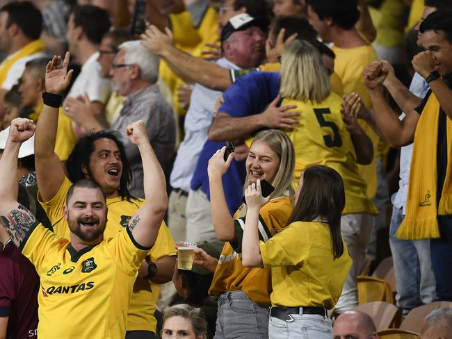 Wallabies fans celebrate a rare win over New Zealand in 2020. Picture: Albert Perez/Getty Images