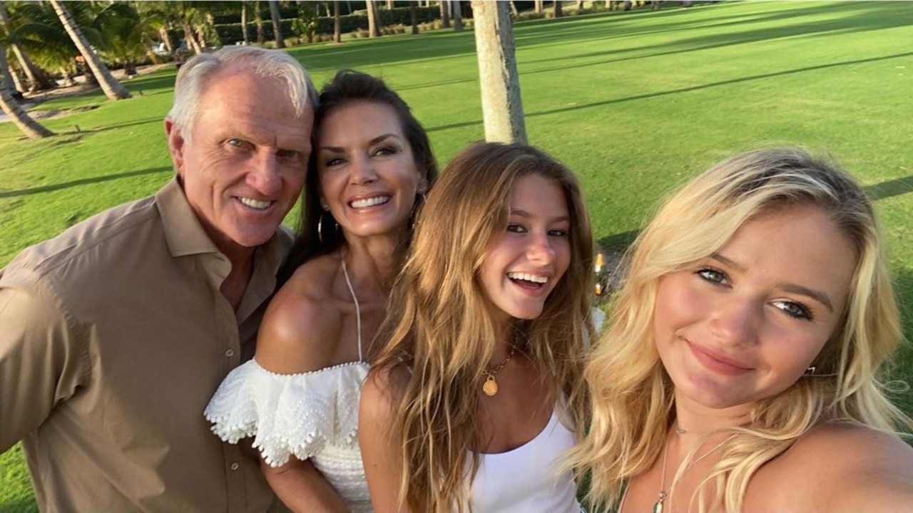 Greg Norman with his wife Kirsten and her daughters Kelly and Kaya.