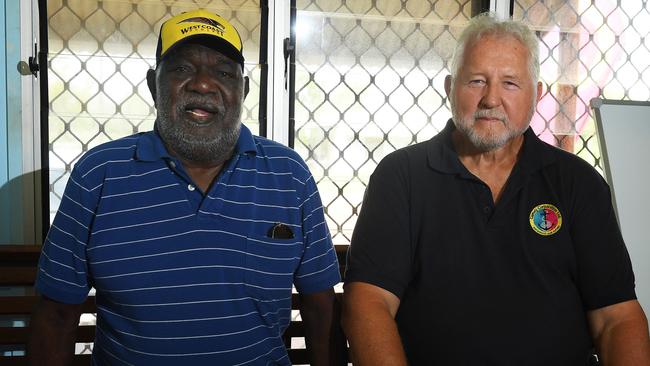 Galarrwuy Yunupingu, who has been a key player in the fight for Land Rights throughout his career, sits with Klaus Helms of the Gumatj Corporation. PICTURE: Ashley Manicaros