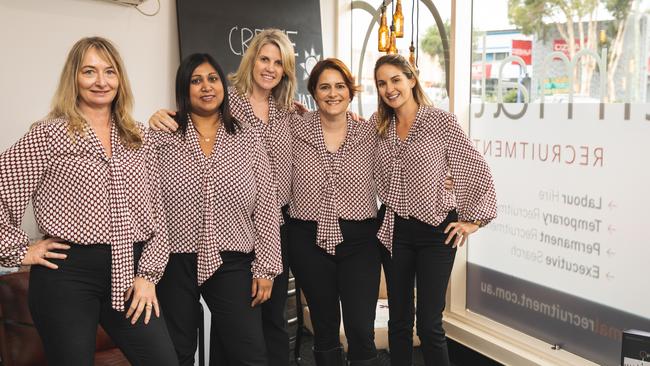 From left to right the staff at Optimal Recruitment in Brookvale: Julie Lawther, Sal Rust, Daina Gomez, Amanda Katz and Zoe Mullholland.