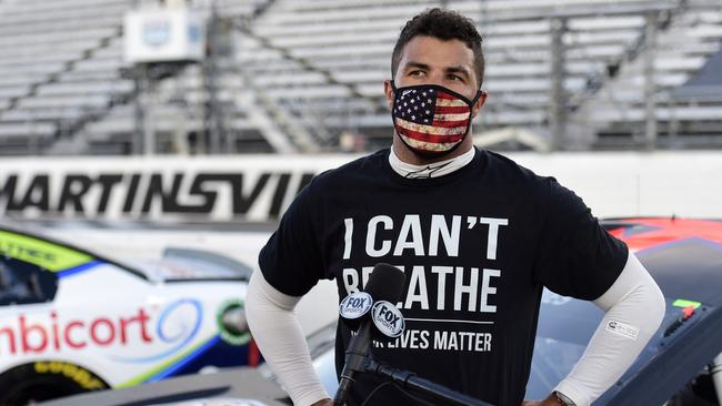 NASCAR driver Bubba Wallace wears a "I Can't Breathe - Black Lives Matter" t-shirt weeks ago