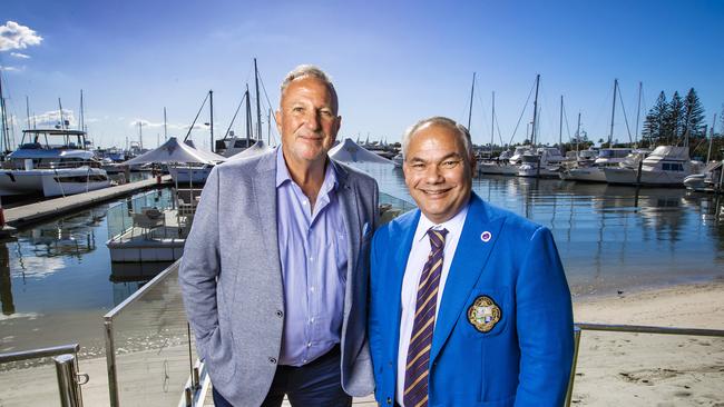 Lord Ian Botham and Gold Coast Mayor Tom Tate meet to discuss UK Trade opportunities between Coast and UK. Lord Botham is UK Trade Envoy to Australia. Picture: Nigel Hallett