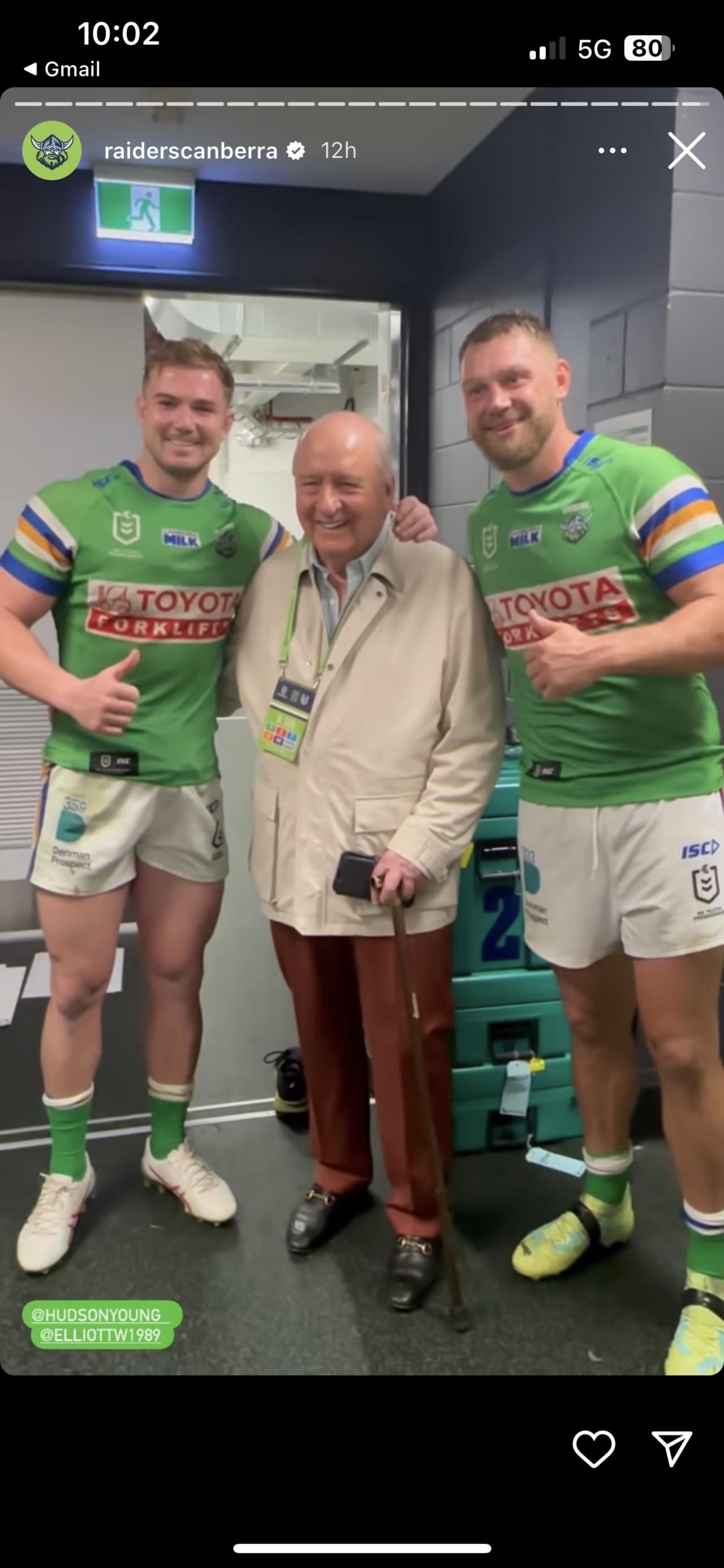 Alan Jones posing with Raiders stars Hudson Young and Elliott Whitehead following their win over Canterbury at Magic Round. Credit: Instagram.