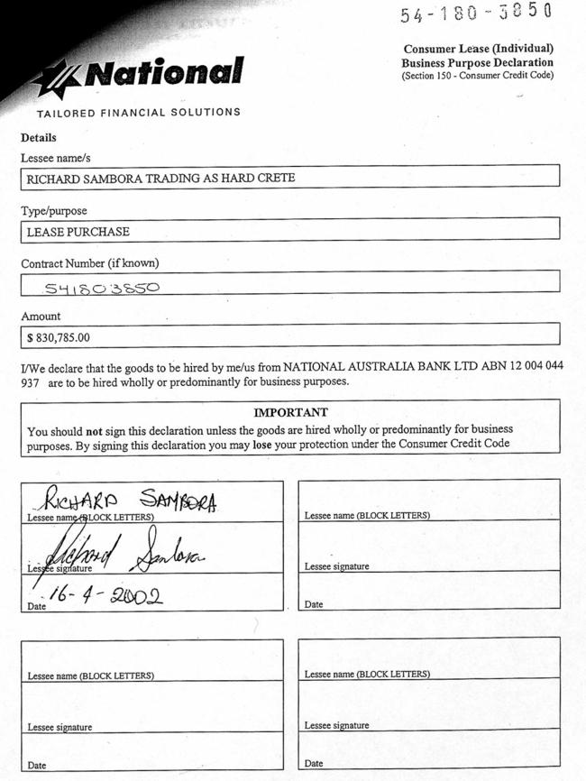 A National Australia Bank (NAB) loan document in false name of Richard Sambora submitted as evidence.